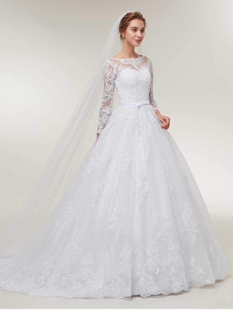 Stunning White Floral Lace Appliques Long Sleeves Aline Wedding Gown-newarrivaldress