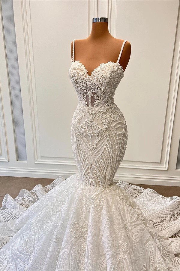 White Floral Lace Mermaid Bridal Gown Sweetheart with Spaghetti Straps Wedding Dress-newarrivaldress