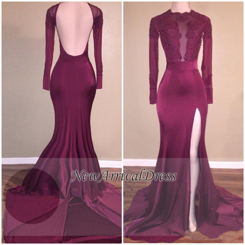 Side Slit Appliques Open Back Burgundy Mermaid Long Sleeve Prom Dresses BA5416-newarrivaldress