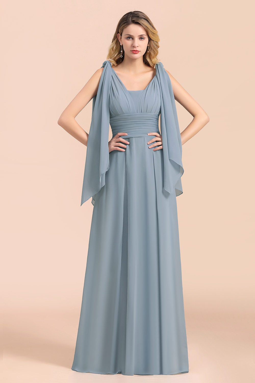 Glamorous Dusty Blue Ruffle Chiffon Long Bridesmaid Dresses-newarrivaldress