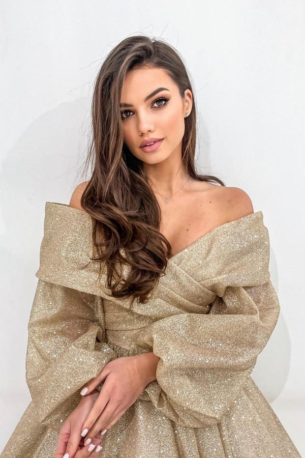 Off Shoulder Long Sleeves Tea Length Evening Dress Glitter Aline Formal Dress-newarrivaldress