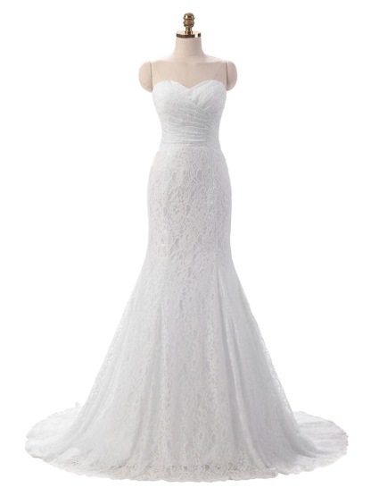 Mermaid Wedding Dress White Lace Fit And Flare Bridal Dress Sweetheart Strapless Train Fishtail Bridal Gown With Detachable Rhinestone Sash-newarrivaldress