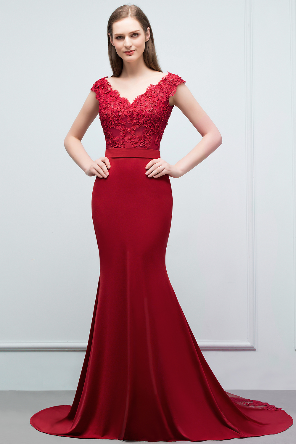JOURNEY | Mermaid Floor Length V-neck Appliques Beads Prom Dresses with Sash-newarrivaldress
