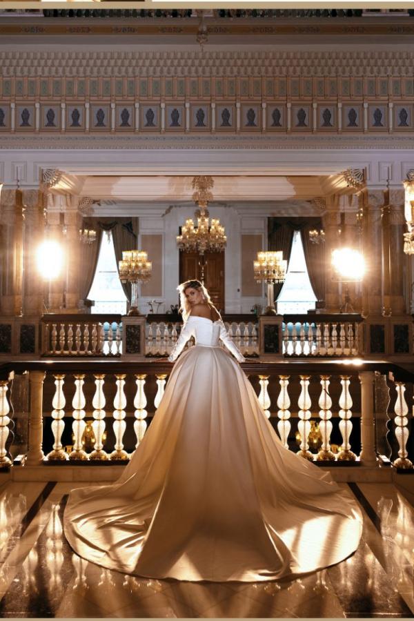 Off Shoulder Long Sleeves Satin Mermaid Bridal Gown with Sweep Train-newarrivaldress
