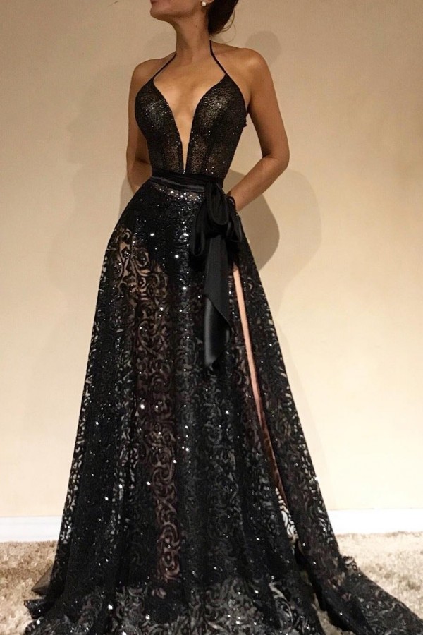 Sexy Sheer Evening Gowns | Halter Slit Prom Dresses with Sash-newarrivaldress