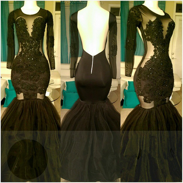 Open Back Mermaid Black Long Prom Dresses for Juniors | Long Sleeve Plus Size Tulle Formal Evening Gowns bc1324-newarrivaldress