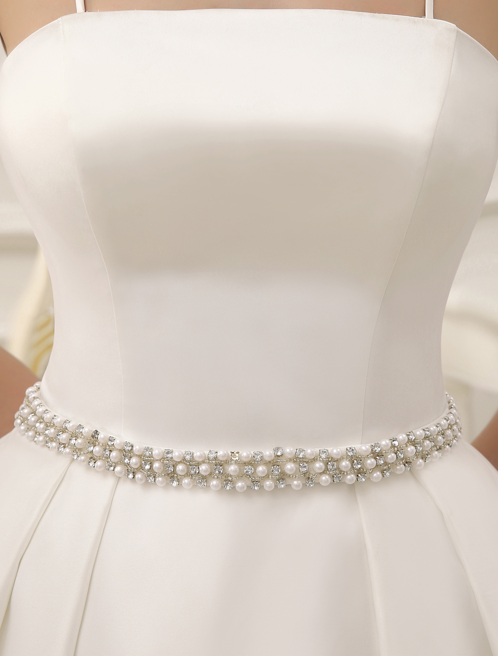 Vintage Spaghetti Straps Backless Satin Short Wedding Dress With Pearls At Waist Exclusive-newarrivaldress