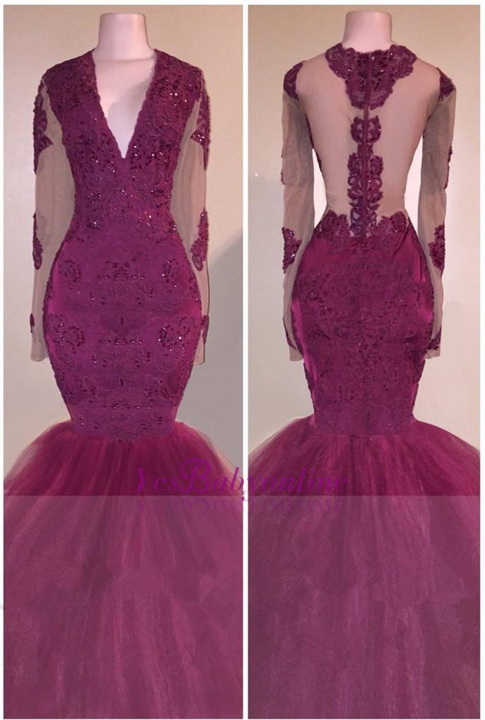 V-Neck Burgundy Tulle Mermaid Evening Gowns | Beaded Long Sleeve Appliques Prom Dresses-newarrivaldress