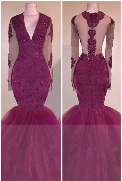 V-Neck Burgundy Tulle Mermaid Evening Gowns | Beaded Long Sleeve Appliques Prom Dresses-newarrivaldress