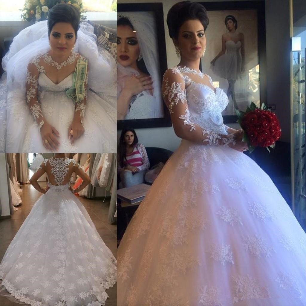 Long Sleeve Elegant Lace Appliques Ball Gown Wedding Dresses with Court Train-newarrivaldress