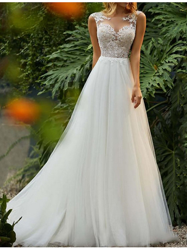 Sleeveless Wedding Dress Floral Lace Aline Tulle Bridal Dress-newarrivaldress