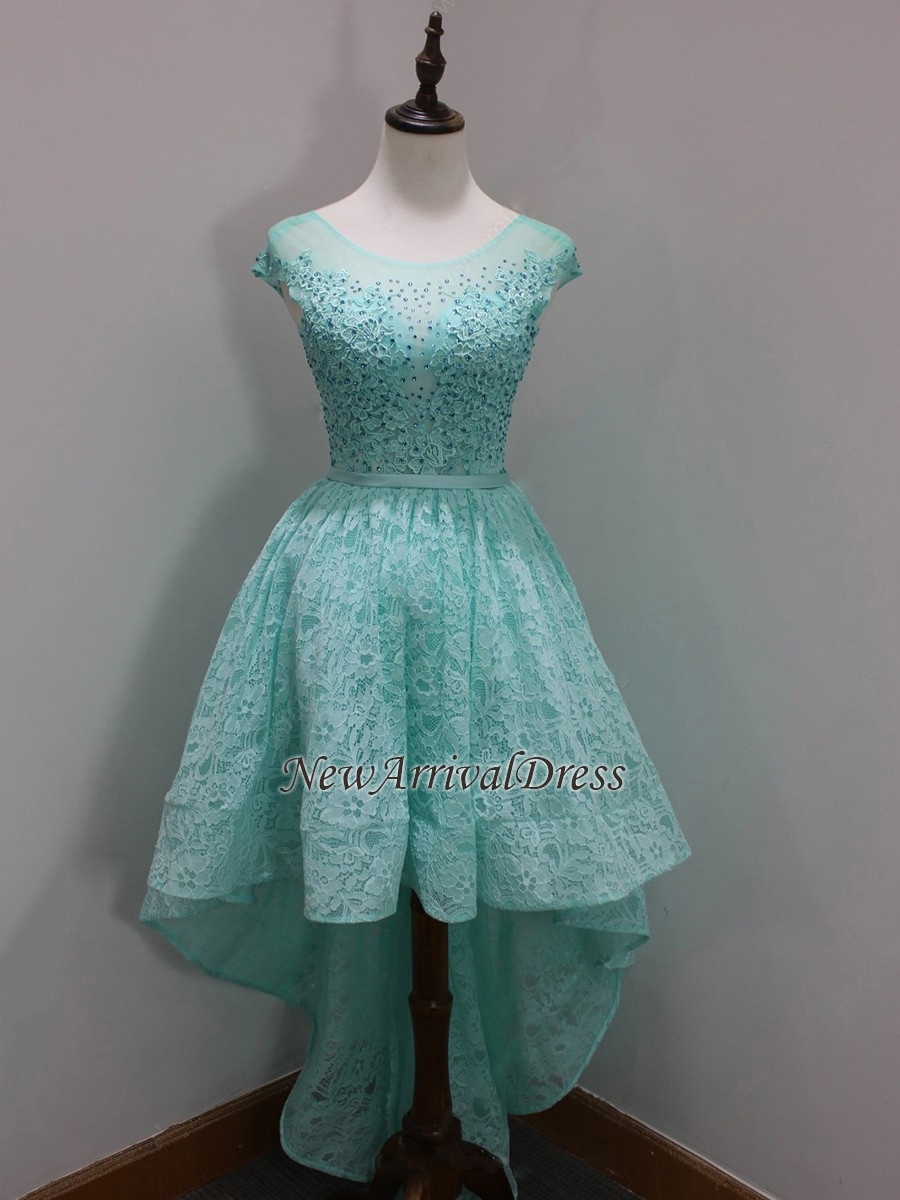 Sleeves Custom Made A-line Dresses Sequins Scoop High-Low Cap Lace Homecoming Long Prom Dresses-newarrivaldress