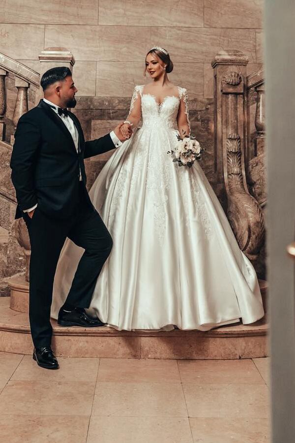 Gorgeous Long Sleeves A-line Wedding Dress Satin Lace Ball Gown with Appliques-newarrivaldress