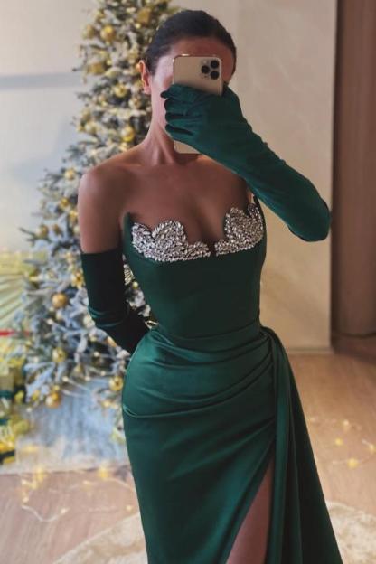 Charming Sweetheart Dark Green Evening Dress Strapless Ruched Satin Sheath Prom Dress-newarrivaldress