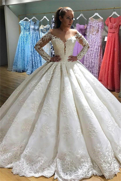 Elegant Long Sleeves Appliques Wedding Dresses | Puffy Sheer Bridal Ball Gown-newarrivaldress