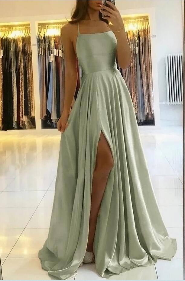 Charming Spaghetti Straps Satin Maxi Evening Dress with Side Slit Sleeveless Gown-newarrivaldress
