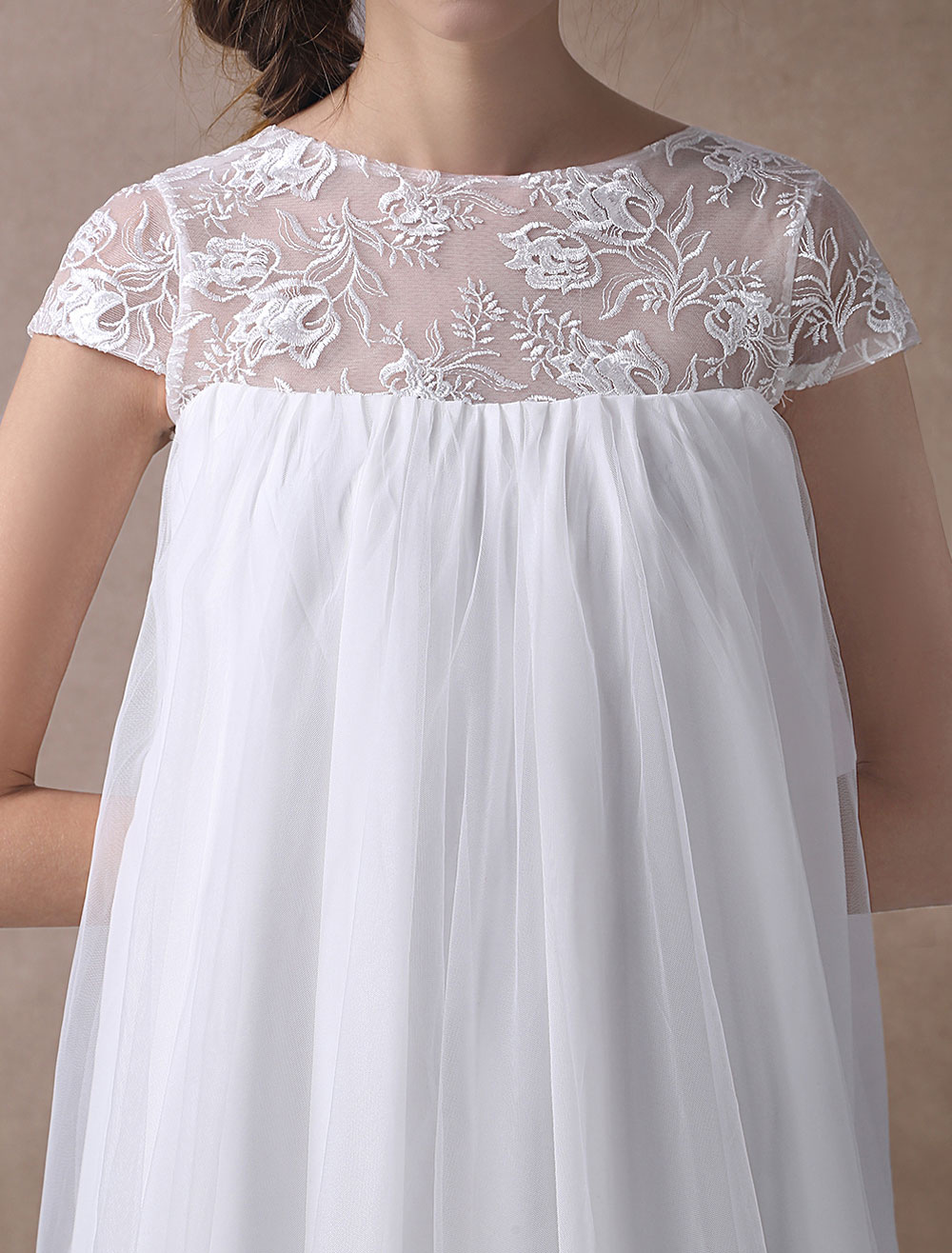 Simple Wedding Dresses Short Empire Waist Lace Tulle Cap Sleeve Pregnant Bridal Dress Exclusive-newarrivaldress