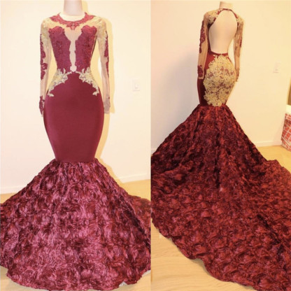 Open Back Gold Lace Burgundy Long Prom Dresses Plus Size | Mermaid Long Sleeve Formal Dresses for Juniors-newarrivaldress