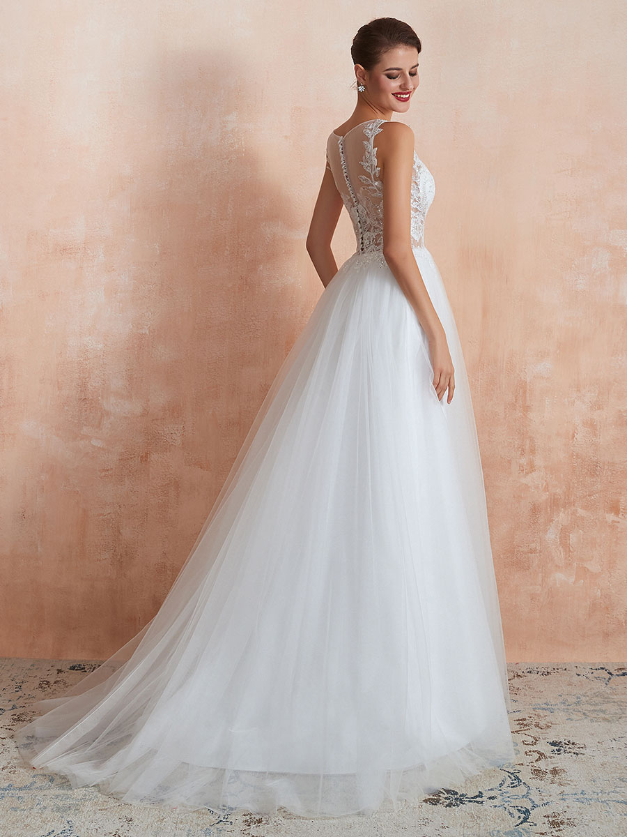 Wedding Dress 2021 A Line Sleeveless Lace Floor Length Tulle Bridal Gowns With Train-newarrivaldress