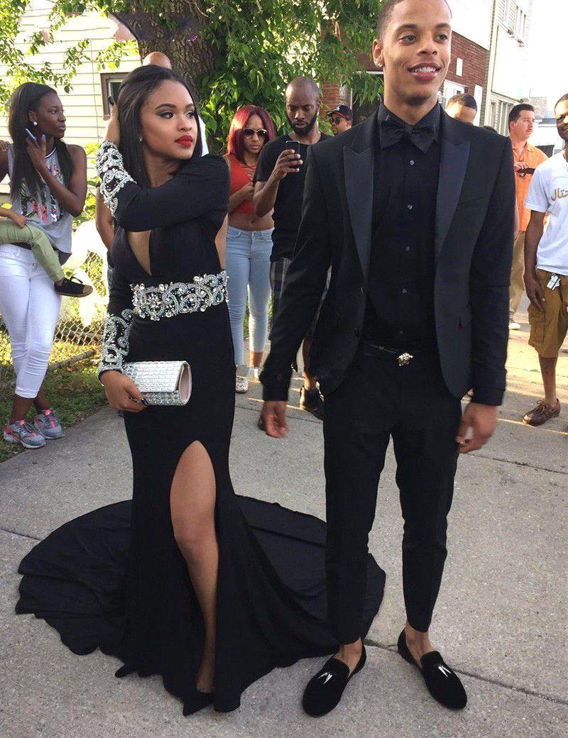 Black V-Neck Crystal Long-Sleeve Sexy Split Prom Dress-newarrivaldress