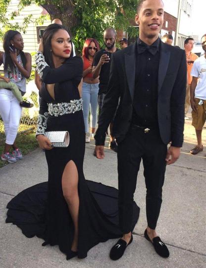 Black V-Neck Crystal Long-Sleeve Sexy Split Prom Dress-newarrivaldress