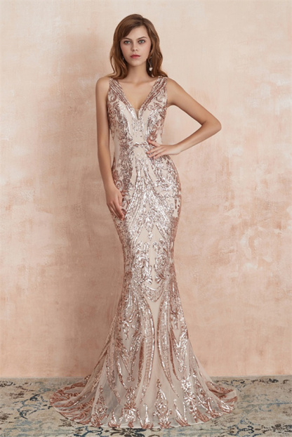 Stunning V-neck Slim Mermaid Prom Dress Sleeveless Glitter Evening Gown-newarrivaldress