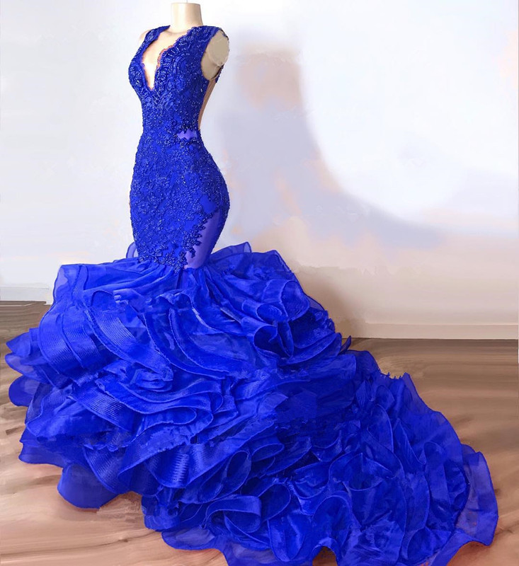 Royal Blue Mermaid Junior Long Prom Dresses | V-Neck Sleeveless Plus Size Evening Dress-newarrivaldress