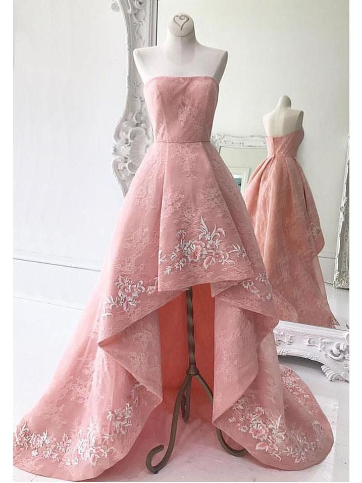High-Low Strapless Custom Made A-line Embroidery Lace Exquisite Long Prom Dresses-newarrivaldress