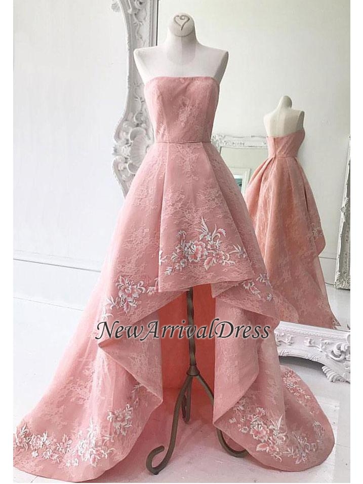 High-Low Strapless Custom Made A-line Embroidery Lace Exquisite Long Prom Dresses-newarrivaldress