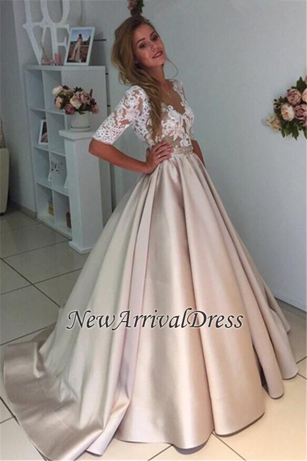 A-Line Half-Sleeves Illusion Lace Puff Custom Made Elegant Wedding Dresses-newarrivaldress