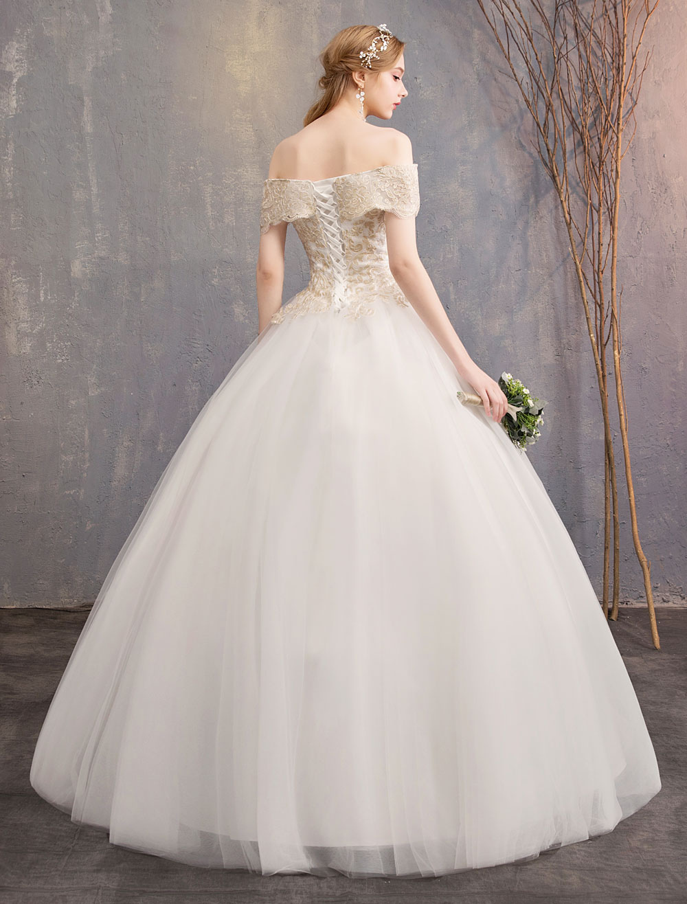 Princess Wedding Dress Ivory Lace Applique Off The Shoulder Short Sleeve Bridal Gown-newarrivaldress