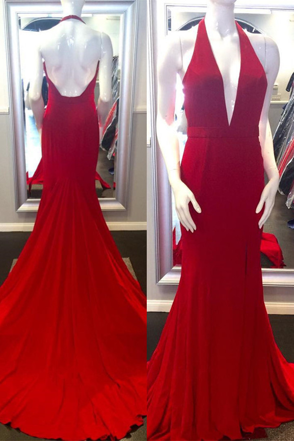 Straps Sleeveless Red Mermaid Open Back Sweep Train Prom Dresses-newarrivaldress