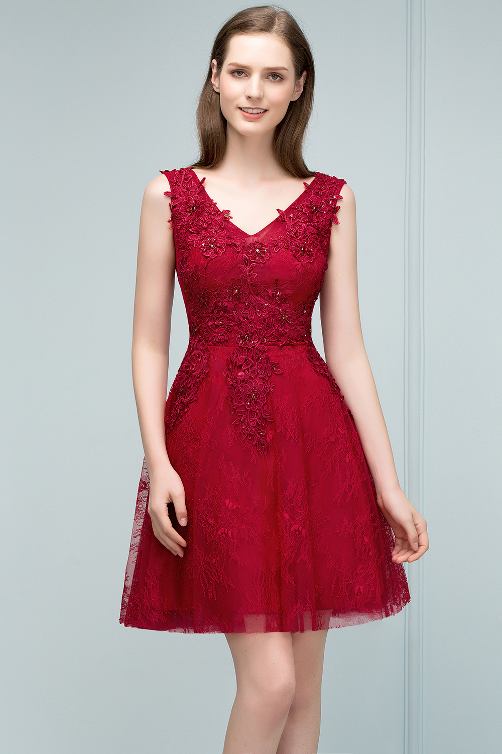 JULIA | A-line Sleeveless Short V-neck Lace Appliqued Tulle Prom Dresses-newarrivaldress