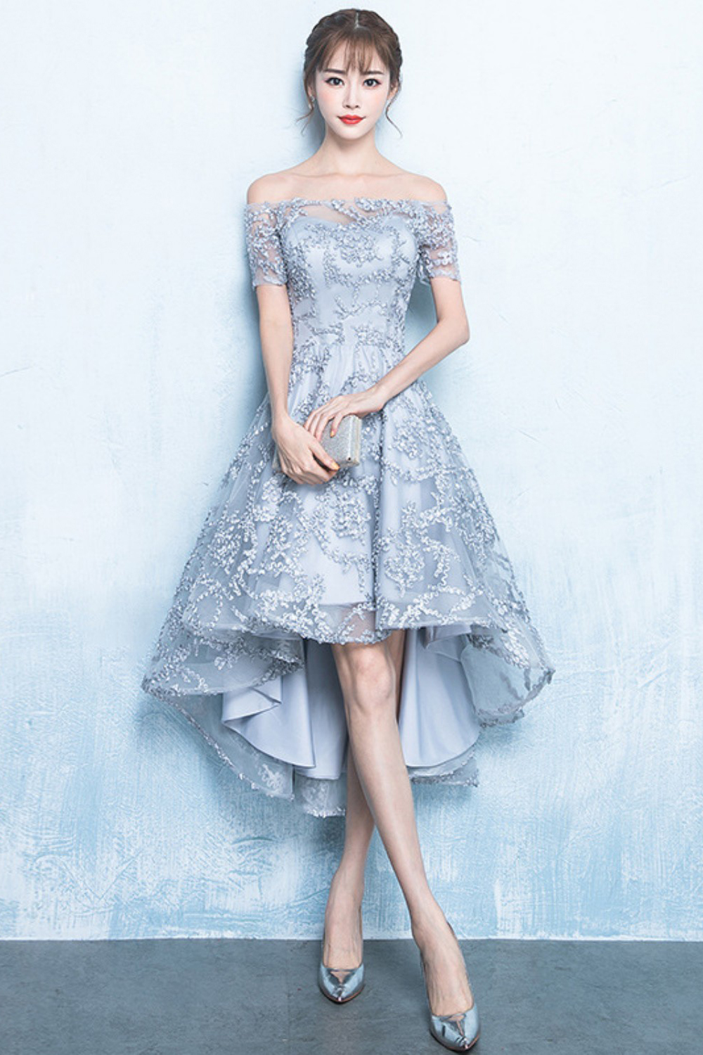 A-line Hi-lo Off-the-shoulder Short Sleeves Appliques Homecoming/Cocktail Dresses-newarrivaldress