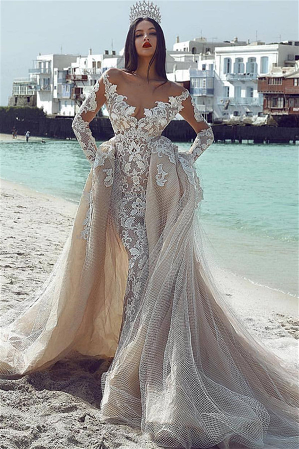 Glamorous V-Neck Long Sleeves Tulle Applique Wedding Dresses with Overskirt-newarrivaldress