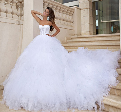 Tulle White Sweetheart Wedding Dresses Chapel Train Sleeveless Bridal Dreses-newarrivaldress