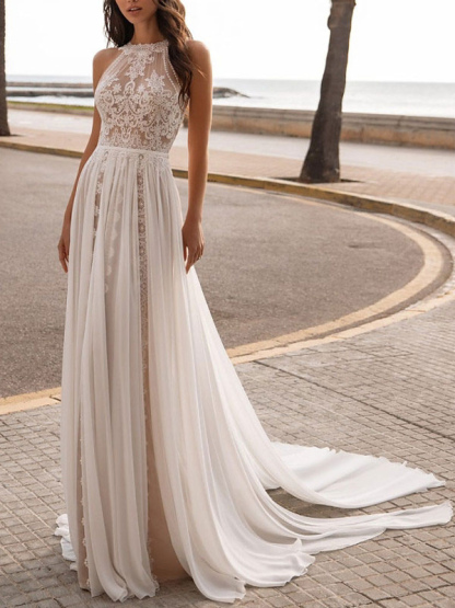 Ivory Wedding Dresses A Line With Court Train Sleeveless Applique Illusion Neckline Bridal Gowns-newarrivaldress