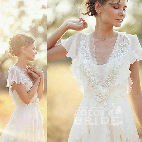 V Neck Chiffon Boho Unique Cap Sleeves Beach Wedding Dress-newarrivaldress