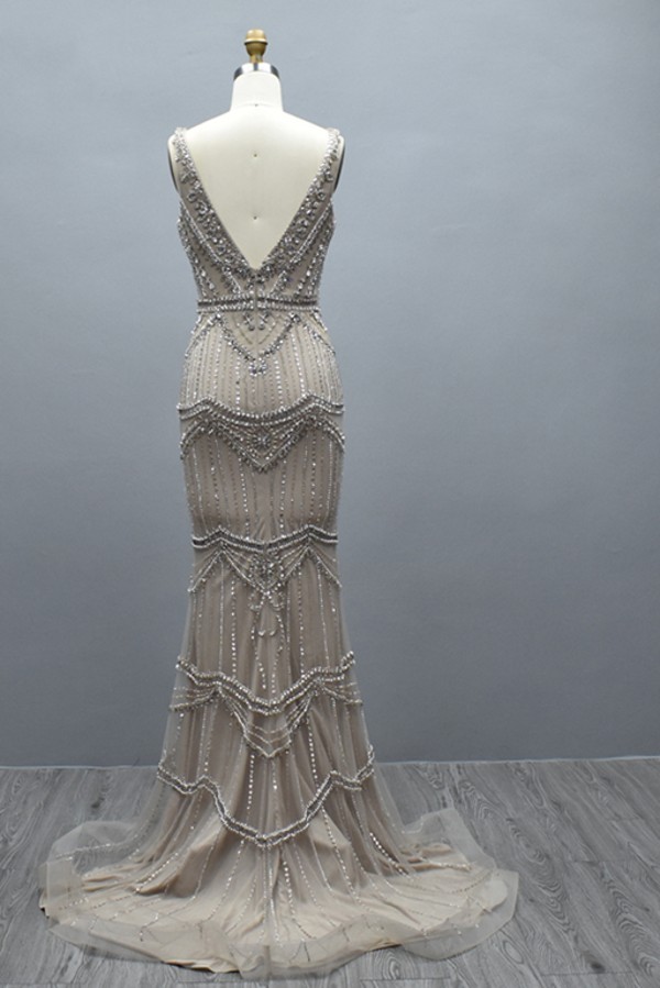 Gorgeous Deep V-Neck Sequins Beadings Long Mermaid Prom Dress with Shawl