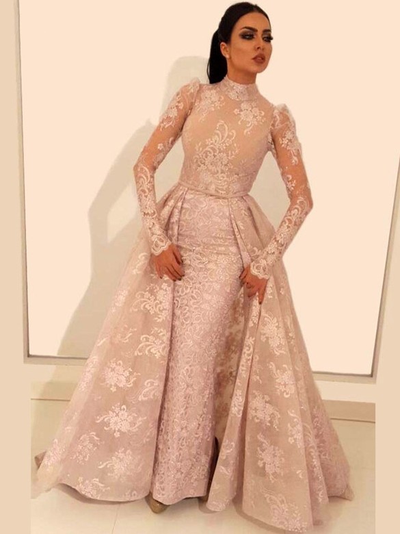 Vintage A-Line Lace Prom Dresses | High Neck Long Sleeves Detachable Skirt Evening Dresses-newarrivaldress