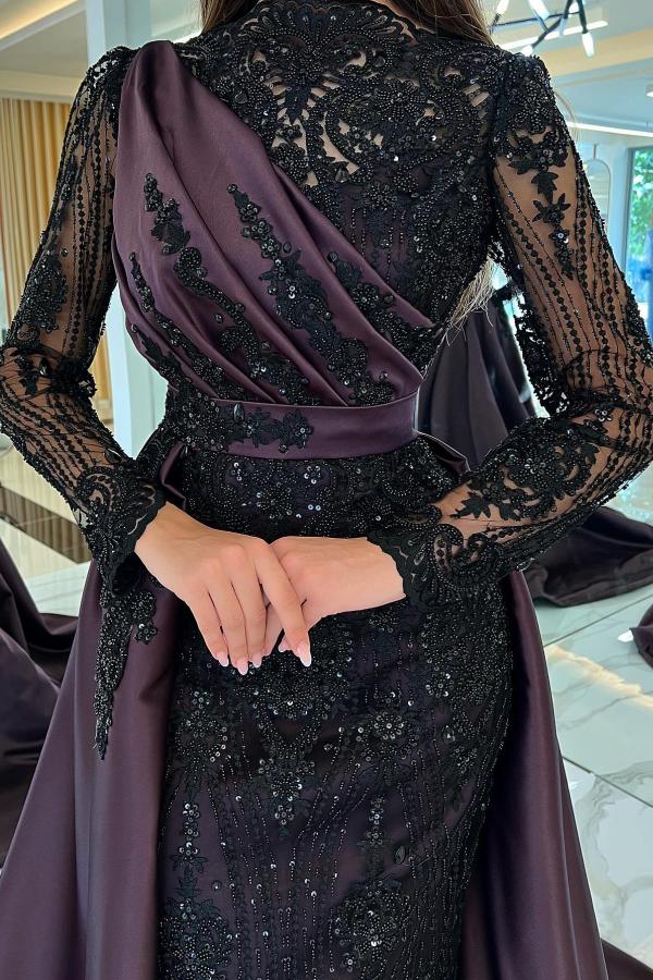 Chic High Neck Long Sleeves Mermaid Prom Dress Black Beadings Appliques Evening Gown with Sweep Train-newarrivaldress