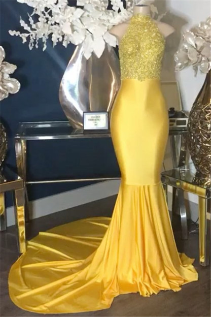 Yellow Appliques High Neck Sleeveless Mermaid Prom Dresses-newarrivaldress