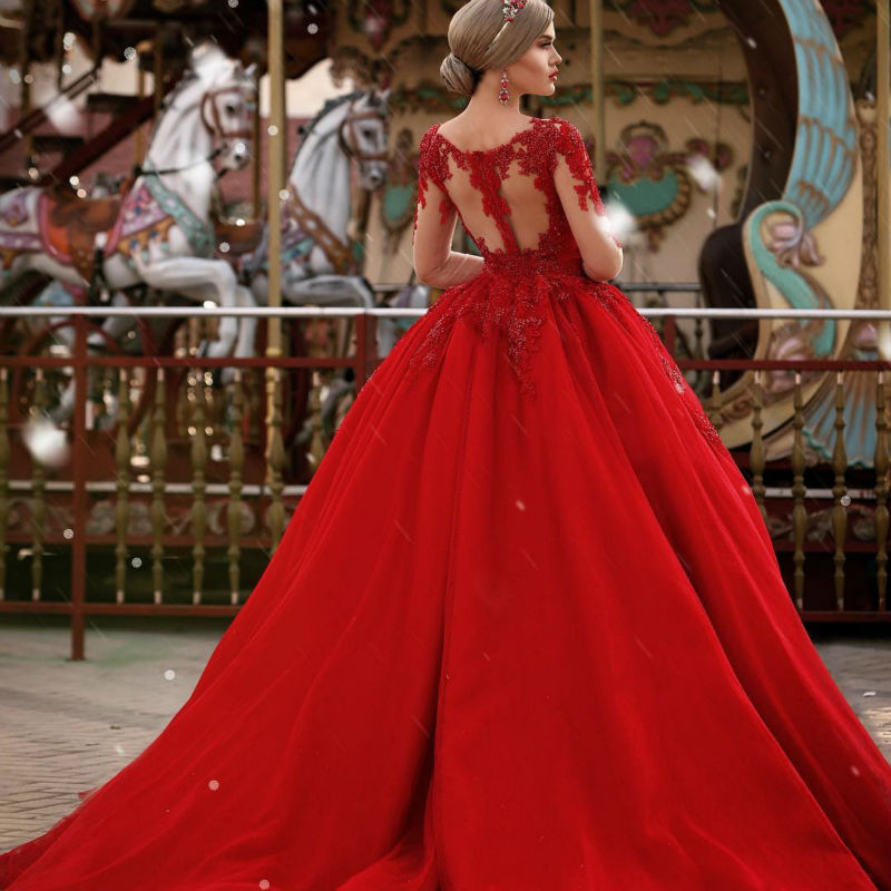 Red New Arrival Lace Appliques Wedding Dresses with Sleeves | Luxury Illusion Sexy Bridal Gowns Online-newarrivaldress
