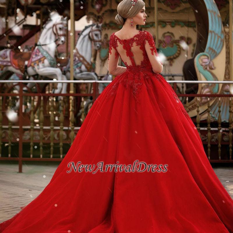 Red New Arrival Lace Appliques Wedding Dresses with Sleeves | Luxury Illusion Sexy Bridal Gowns Online-newarrivaldress