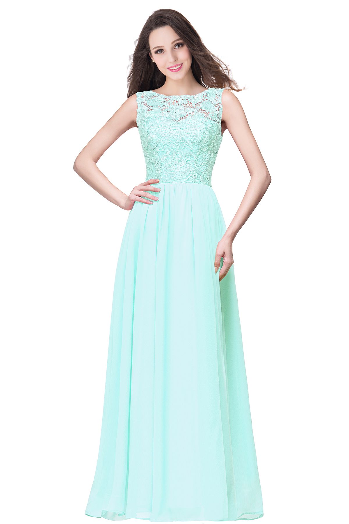 ELYSE | A-line Sleeveless Crew Floor-length Lace Top Chiffon Prom Dresses-newarrivaldress