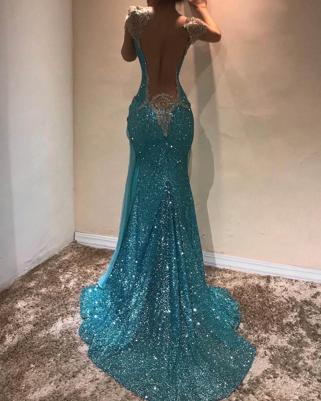 Sexy Mermaid Blue Evening Dresses | Slit Capped Sleeves Sequins Pageant Dresses