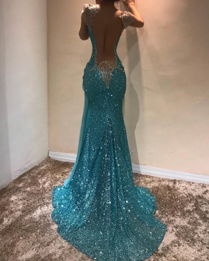 Sexy Mermaid Blue Evening Dresses | Slit Capped Sleeves Sequins Pageant Dresses