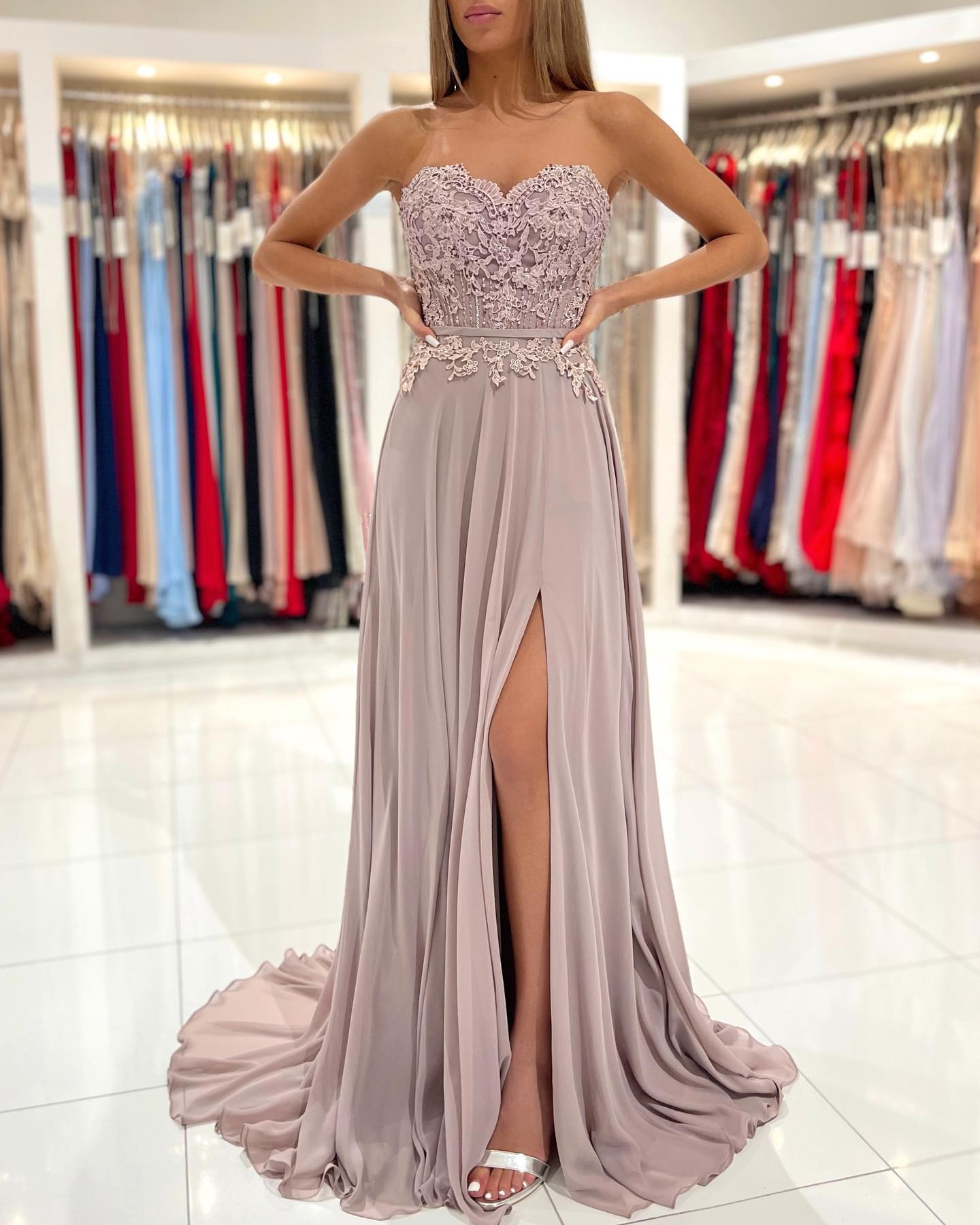 Sweetheart Side Slit Evening Prom Dress with Floral Lace Appliques-newarrivaldress