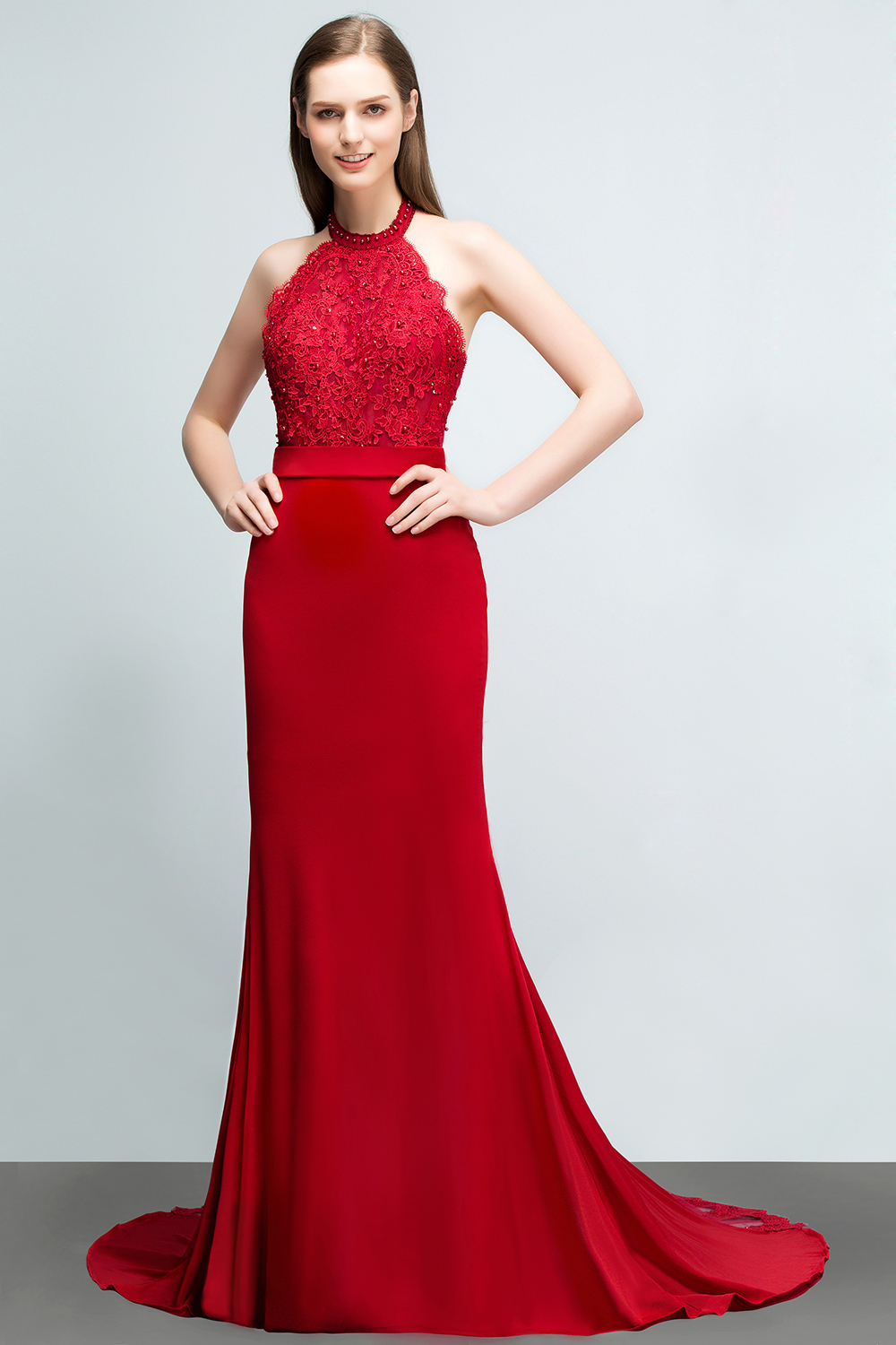 JOY | Mermaid Halter Floor Length Appliqued Beads Red Prom Dresses with Sash-newarrivaldress