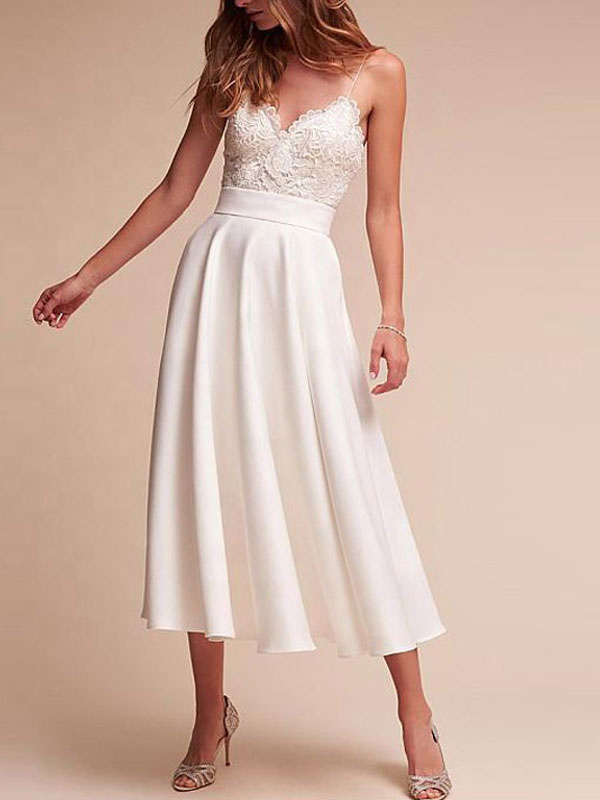 Short Wedding Dress V Neck Sleeveless A Line Tea Length Straps Bridal Gowns-newarrivaldress